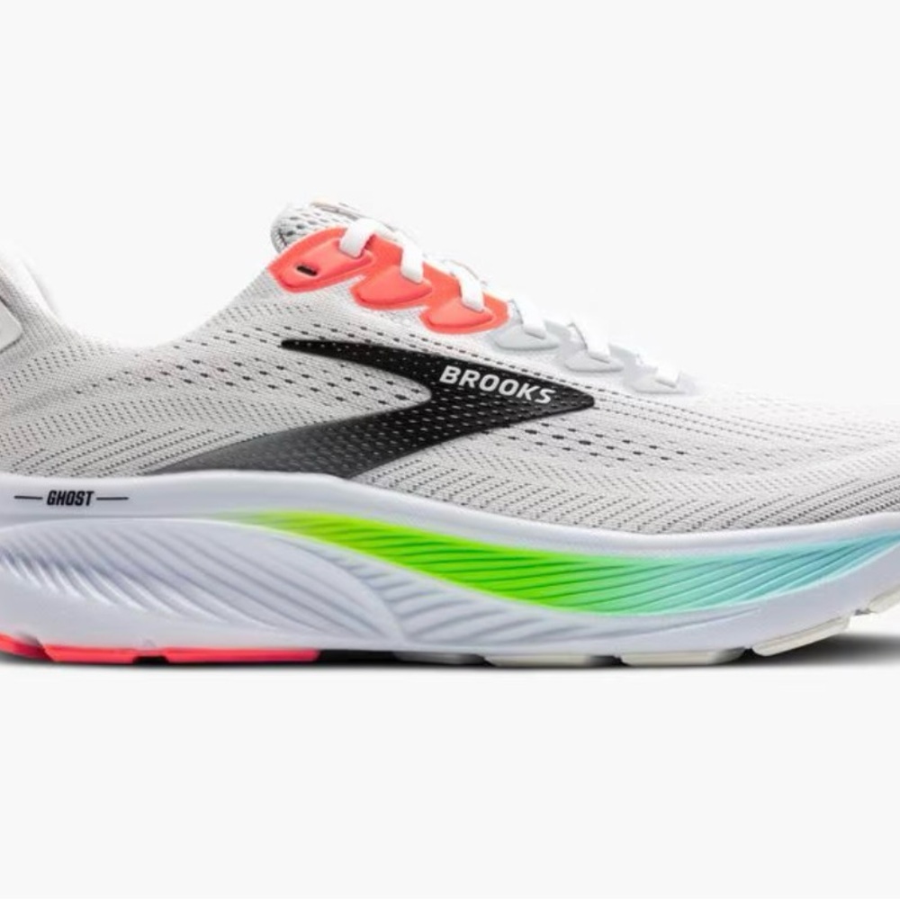 Brooks Women's Running Shoe in White with Coral and Neon Green Accents